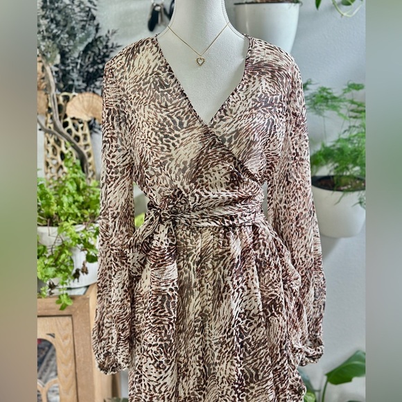 NWT! Express Sheer Brown and Black Wrap Sundress/Blouse with Bishop Sleeves - Picture 2 of 6